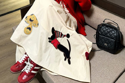 Long-Sleeve Plain Top / Crew Neck Plain Cardigan / High Waist Applique Maxi A-Line Skirt / Set