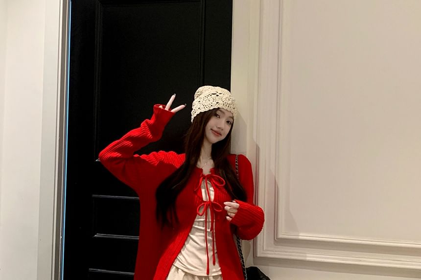 Long-Sleeve Plain Top / Crew Neck Plain Cardigan / High Waist Applique Maxi A-Line Skirt / Set