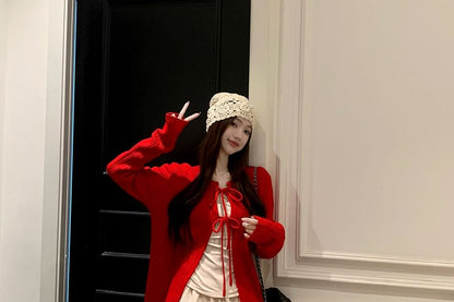 Long-Sleeve Plain Top / Crew Neck Plain Cardigan / High Waist Applique Maxi A-Line Skirt / Set