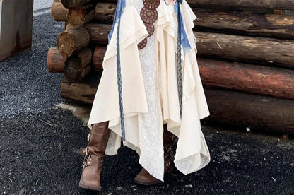 Long-Sleeve Crew Neck Print Crop Top / Mid Rise Plain Ruffle Midi A-Line Skirt / Belt / Set