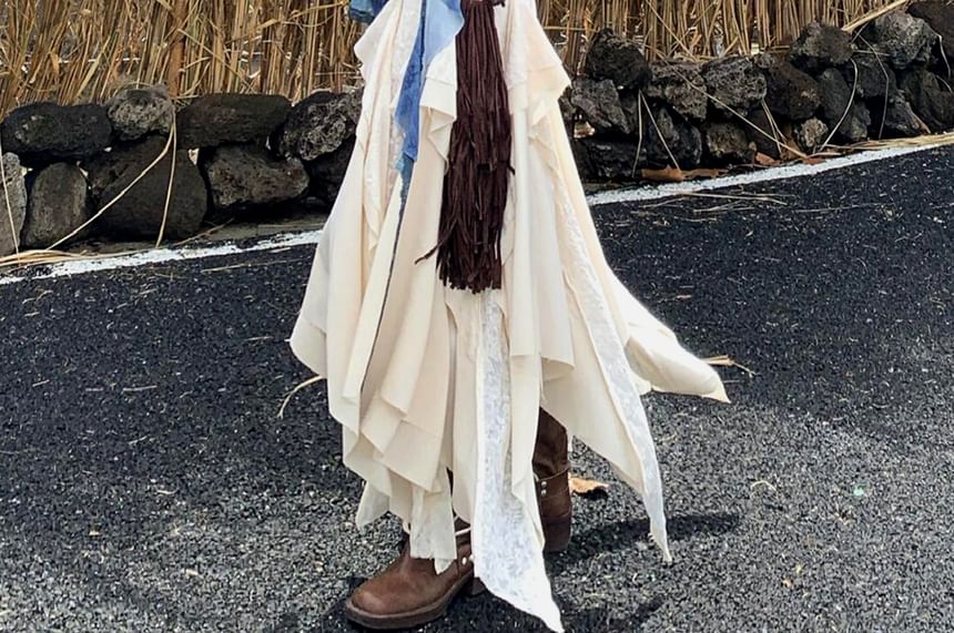 Long-Sleeve Crew Neck Print Crop Top / Mid Rise Plain Ruffle Midi A-Line Skirt / Belt / Set