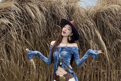 Long-Sleeve Crew Neck Print Crop Top / Mid Rise Plain Ruffle Midi A-Line Skirt / Belt / Set