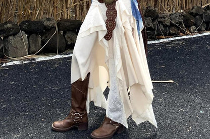 Long-Sleeve Crew Neck Print Crop Top / Mid Rise Plain Ruffle Midi A-Line Skirt / Belt / Set