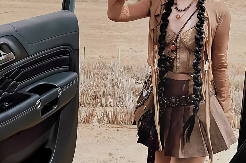 Scoop Neck Plain Bustier Top / High Rise Mini Pleated Skirt / Plain Light Jacket / Belt / Set