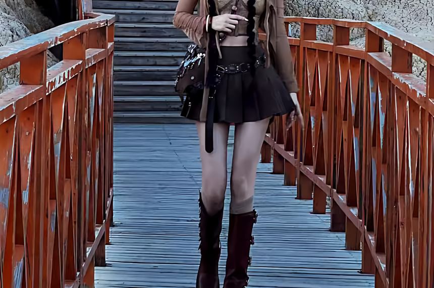 Scoop Neck Plain Bustier Top / High Rise Mini Pleated Skirt / Plain Light Jacket / Belt / Set