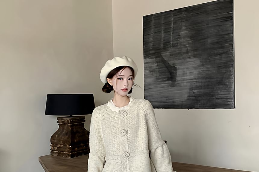 Crew Neck Plain Button Up Cardigan / Long-Sleeve Plain Lace Blouse / High Waist Maxi Pleated Skirt / Set