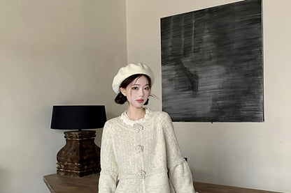 Crew Neck Plain Button Up Cardigan / Long-Sleeve Plain Lace Blouse / High Waist Maxi Pleated Skirt / Set