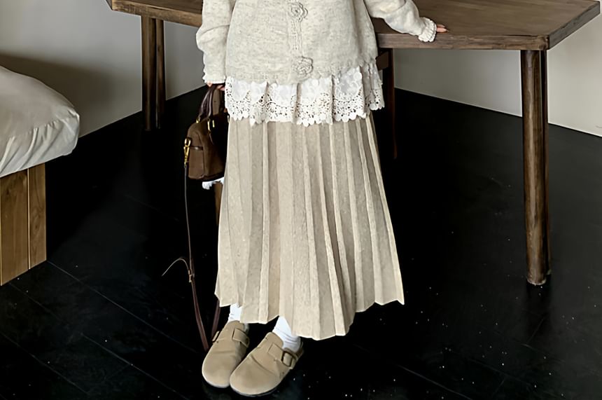 Crew Neck Plain Button Up Cardigan / Long-Sleeve Plain Lace Blouse / High Waist Maxi Pleated Skirt / Set