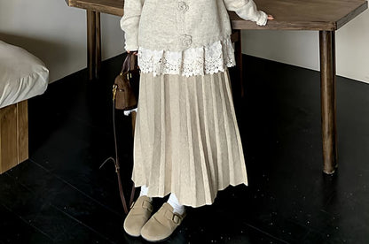 Crew Neck Plain Button Up Cardigan / Long-Sleeve Plain Lace Blouse / High Waist Maxi Pleated Skirt / Set
