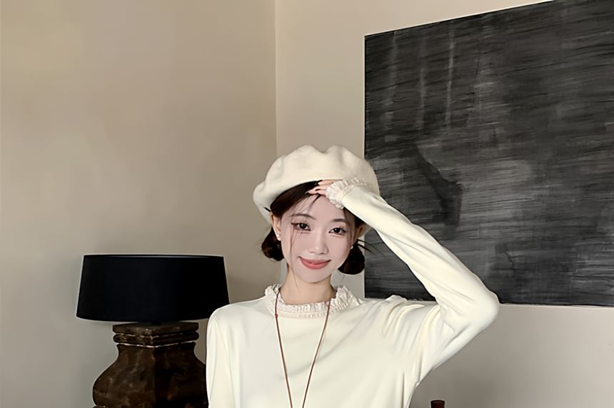 Crew Neck Plain Button Up Cardigan / Long-Sleeve Plain Lace Blouse / High Waist Maxi Pleated Skirt / Set