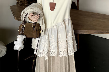 Crew Neck Plain Button Up Cardigan / Long-Sleeve Plain Lace Blouse / High Waist Maxi Pleated Skirt / Set