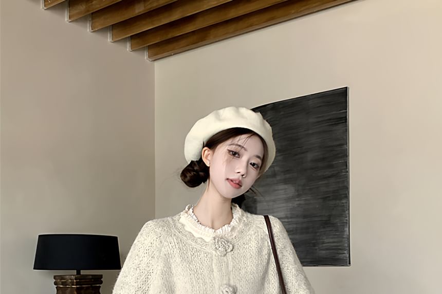 Crew Neck Plain Button Up Cardigan / Long-Sleeve Plain Lace Blouse / High Waist Maxi Pleated Skirt / Set