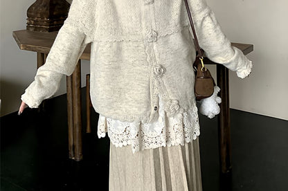 Crew Neck Plain Button Up Cardigan / Long-Sleeve Plain Lace Blouse / High Waist Maxi Pleated Skirt / Set