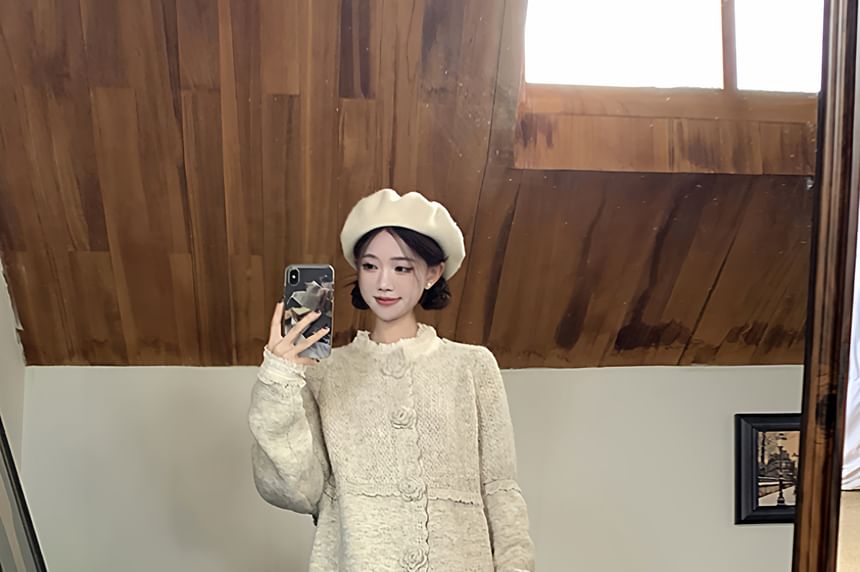 Crew Neck Plain Button Up Cardigan / Long-Sleeve Plain Lace Blouse / High Waist Maxi Pleated Skirt / Set