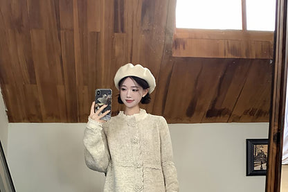 Crew Neck Plain Button Up Cardigan / Long-Sleeve Plain Lace Blouse / High Waist Maxi Pleated Skirt / Set