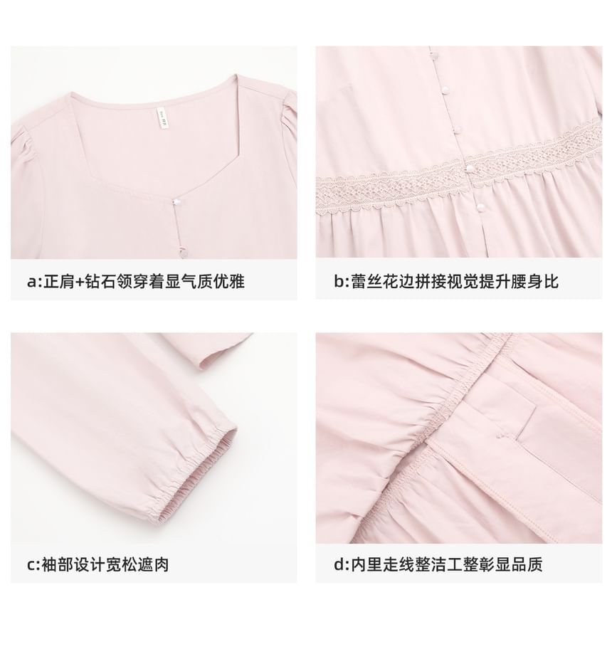 Long-Sleeve Square Neck Lace Panel Button-Up Plain Blouse