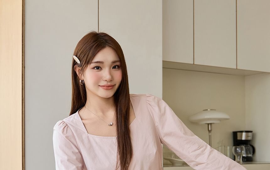 Long-Sleeve Square Neck Lace Panel Button-Up Plain Blouse