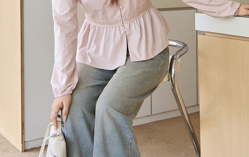 Long-Sleeve Square Neck Lace Panel Button-Up Plain Blouse