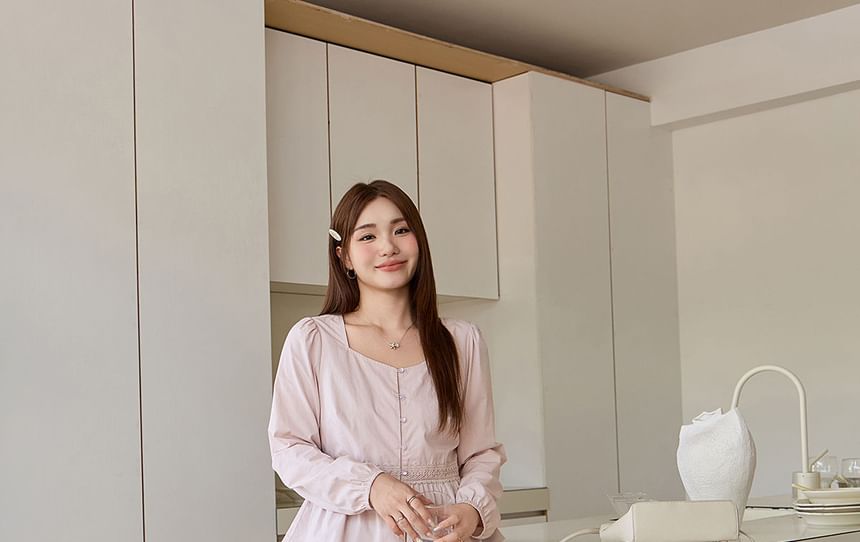 Long-Sleeve Square Neck Lace Panel Button-Up Plain Blouse