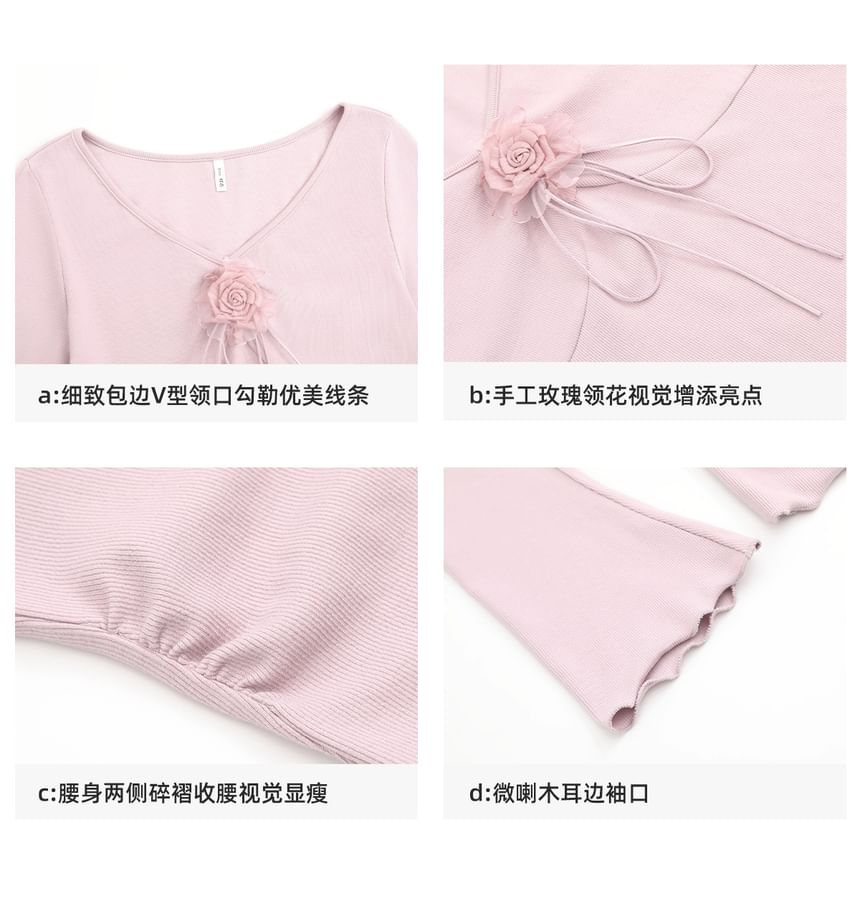 Long-Sleeve V-Neck Plain Flower Accent Lettuce Edge T-Shirt