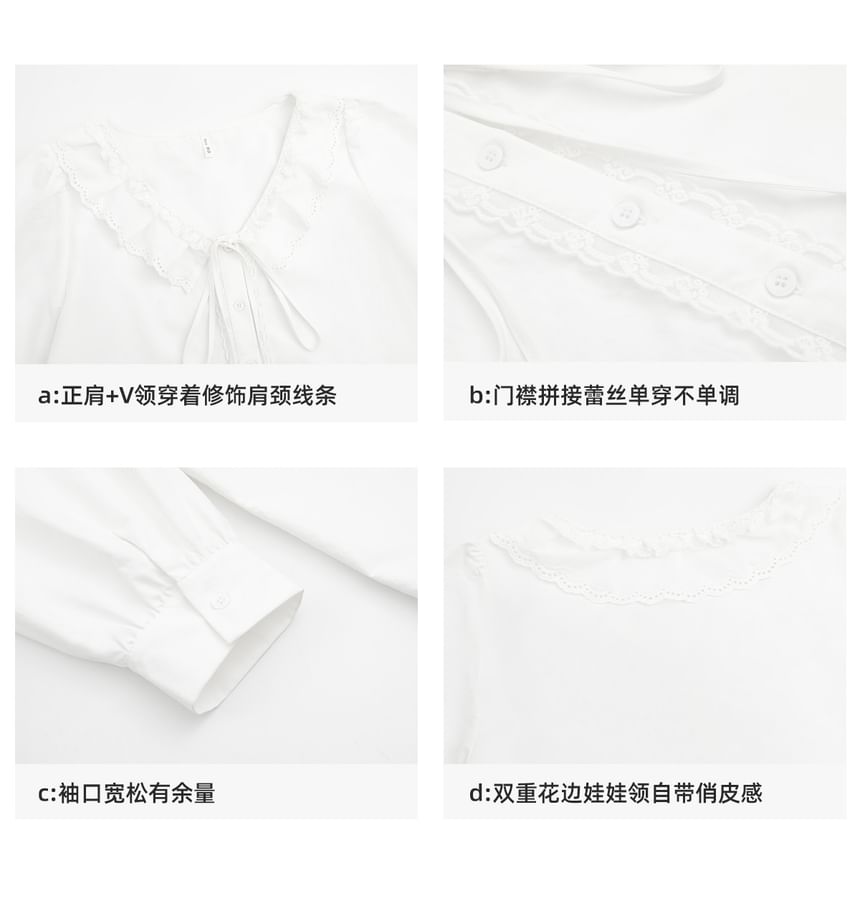 Long-Sleeve Ruffle Collar Lace Trim Button-Up Plain Blouse