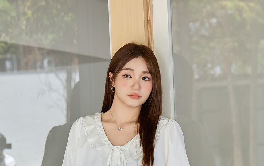 Long-Sleeve Ruffle Collar Lace Trim Button-Up Plain Blouse