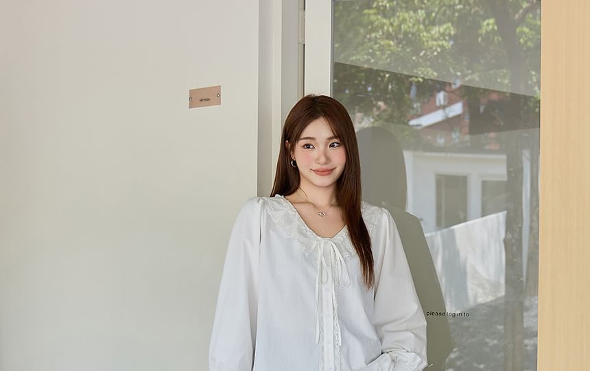 Long-Sleeve Ruffle Collar Lace Trim Button-Up Plain Blouse