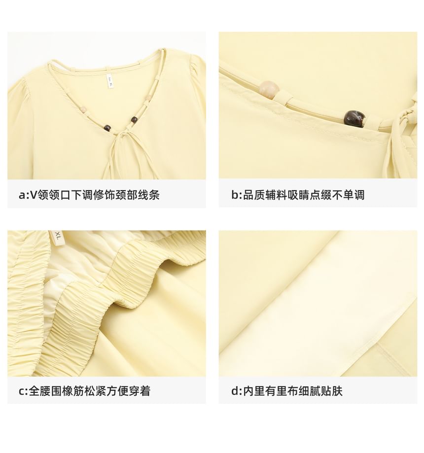 Set: Long-Sleeve V-Neck Plain Beaded Tie Front Blouse + High Waist Midi A-Line Skirt