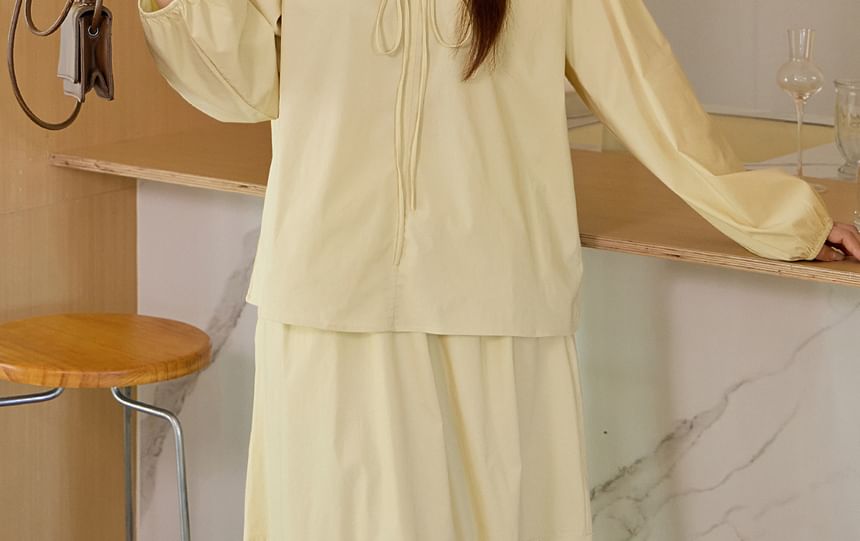 Set: Long-Sleeve V-Neck Plain Beaded Tie Front Blouse + High Waist Midi A-Line Skirt