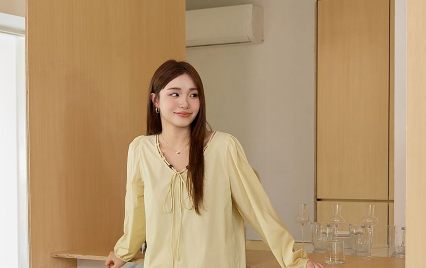 Set: Long-Sleeve V-Neck Plain Beaded Tie Front Blouse + High Waist Midi A-Line Skirt