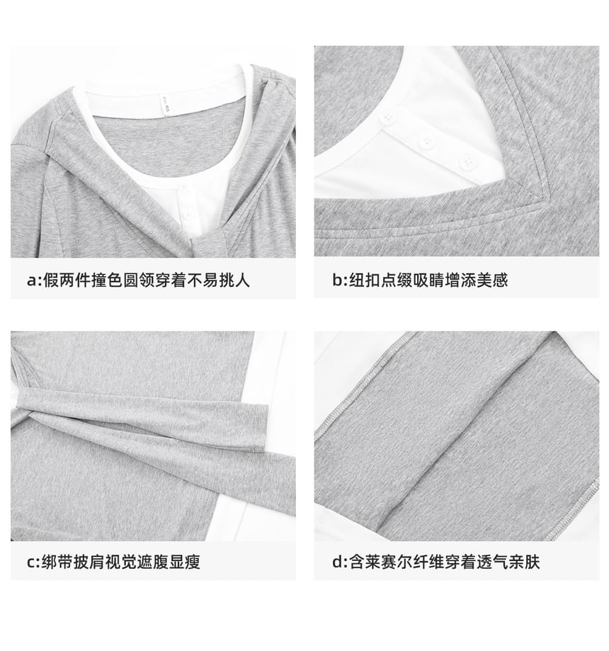 Mock Two-Piece Long-Sleeve Crew Neck Two Tone T-Shirt