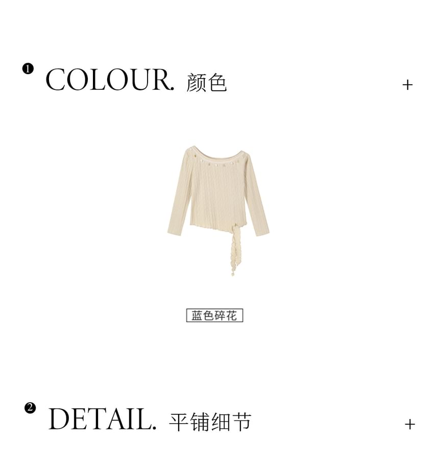 Long-Sleeve Off-Shoulder Shell Accent Lace Trim Lettuce Edge Knit Top