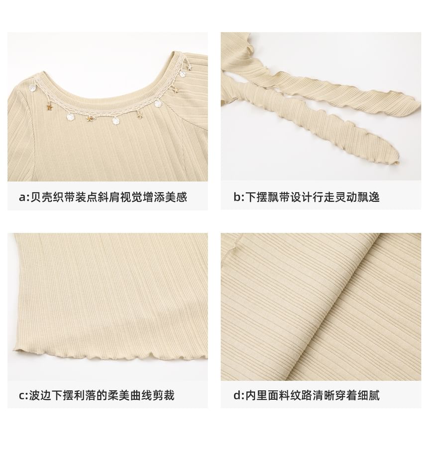 Long-Sleeve Off-Shoulder Shell Accent Lace Trim Lettuce Edge Knit Top