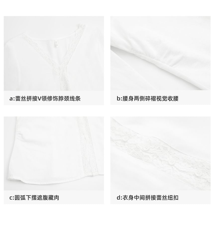 Long-Sleeve V-Neck Lace Trim Button-Up Blouse
