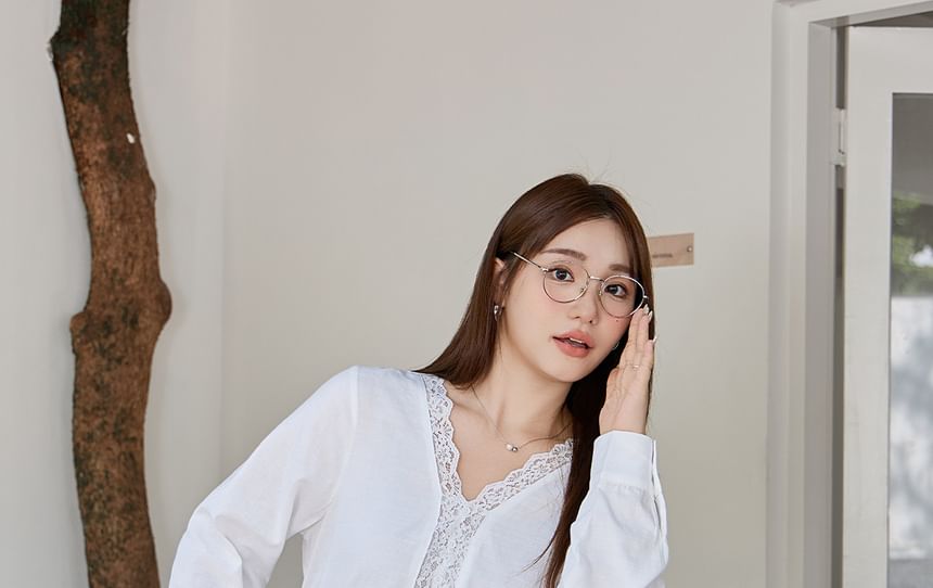 Long-Sleeve V-Neck Lace Trim Button-Up Blouse