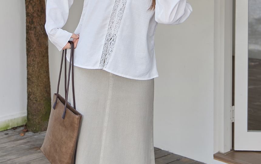 Long-Sleeve V-Neck Lace Trim Button-Up Blouse
