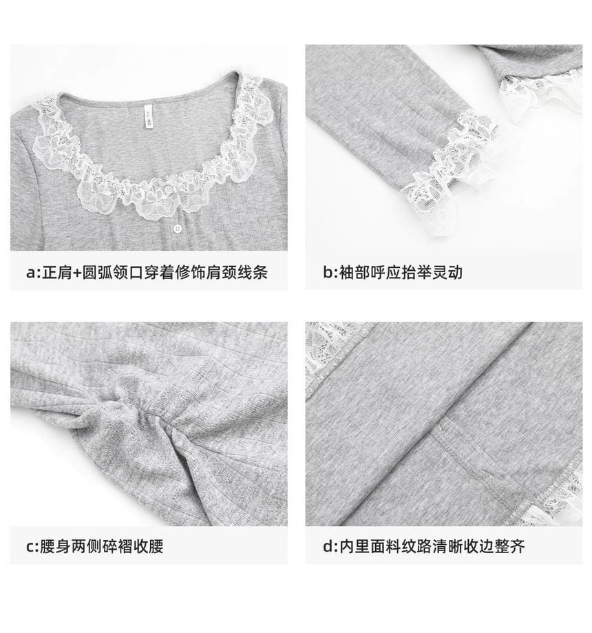 Long-Sleeve Scoop Neck Lace Trim Ruched Button-Up Slim Fit Top