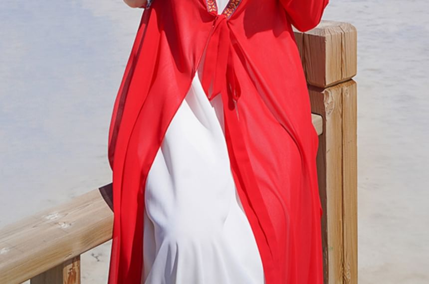 Patterned Embroidered Hood Slit Maxi Tie Front Jacket