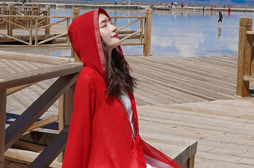 Patterned Embroidered Hood Slit Maxi Tie Front Jacket