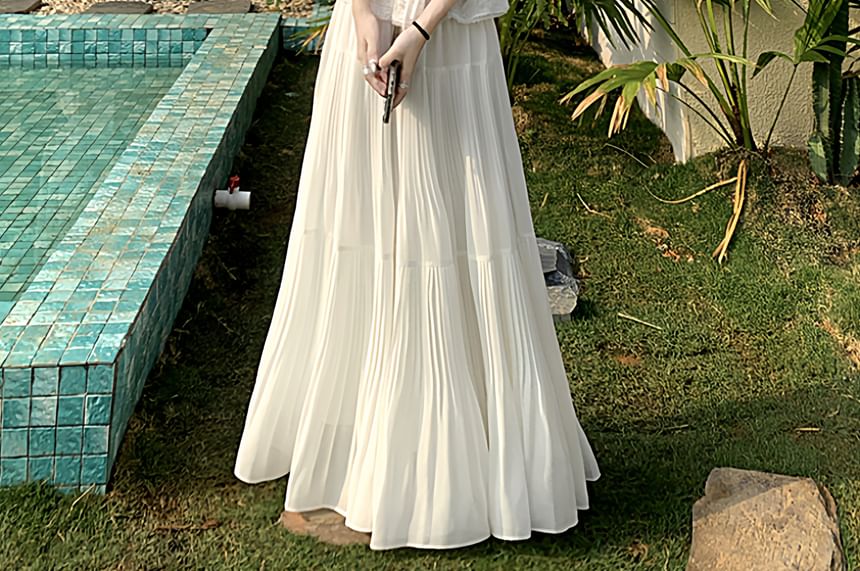 Sleeveless V-Neck Plain Peplum Lace Trim Top / High Waist Tiered Maxi A-Line Skirt / Set (Various Designs)