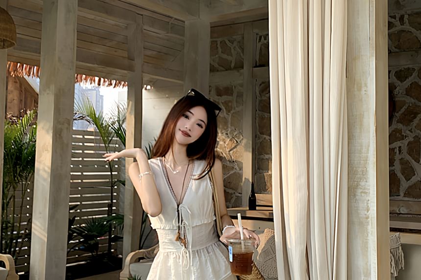 Sleeveless V-Neck Plain Peplum Lace Trim Top / High Waist Tiered Maxi A-Line Skirt / Set (Various Designs)