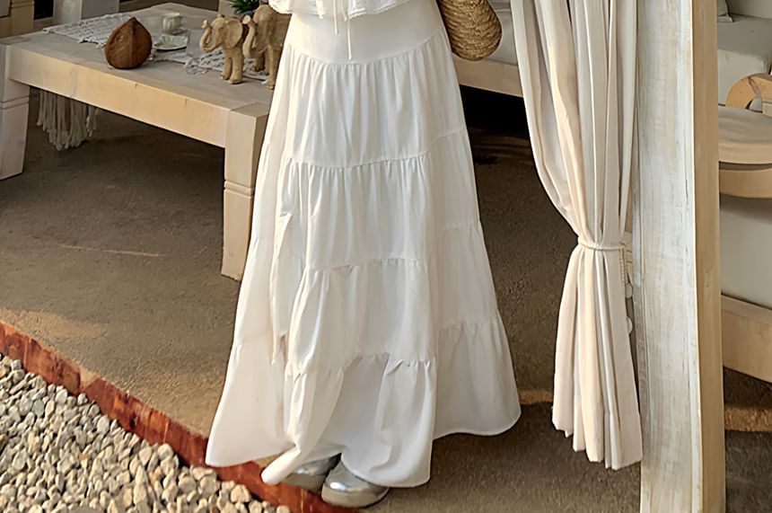 Sleeveless V-Neck Plain Peplum Lace Trim Top / High Waist Tiered Maxi A-Line Skirt / Set (Various Designs)