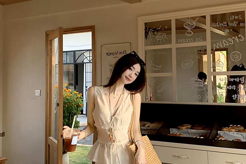 Sleeveless V-Neck Plain Peplum Lace Trim Top / High Waist Tiered Maxi A-Line Skirt / Set (Various Designs)