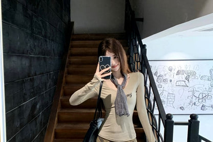 Notch Lapel Plain Faux Suede Single Breasted Blazer / Long Sleeve Scoop Neck Lettering Embroidered T-Shirt / High Rise Plaid Tassel Asymmetrical Maxi A-Line Skirt / Scarf / Set