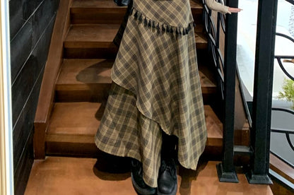 Notch Lapel Plain Faux Suede Single Breasted Blazer / Long Sleeve Scoop Neck Lettering Embroidered T-Shirt / High Rise Plaid Tassel Asymmetrical Maxi A-Line Skirt / Scarf / Set