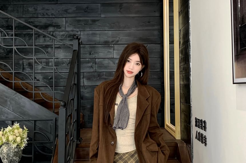 Notch Lapel Plain Faux Suede Single Breasted Blazer / Long Sleeve Scoop Neck Lettering Embroidered T-Shirt / High Rise Plaid Tassel Asymmetrical Maxi A-Line Skirt / Scarf / Set