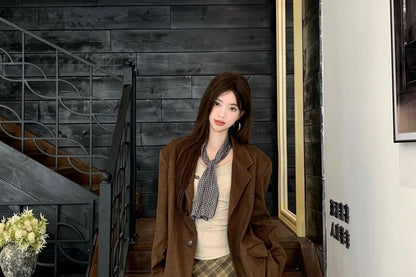 Notch Lapel Plain Faux Suede Single Breasted Blazer / Long Sleeve Scoop Neck Lettering Embroidered T-Shirt / High Rise Plaid Tassel Asymmetrical Maxi A-Line Skirt / Scarf / Set