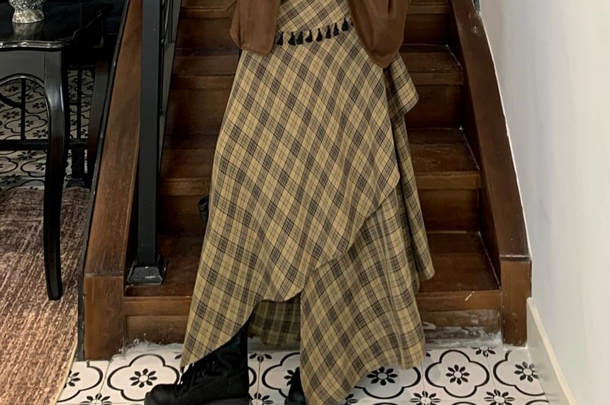 Notch Lapel Plain Faux Suede Single Breasted Blazer / Long Sleeve Scoop Neck Lettering Embroidered T-Shirt / High Rise Plaid Tassel Asymmetrical Maxi A-Line Skirt / Scarf / Set