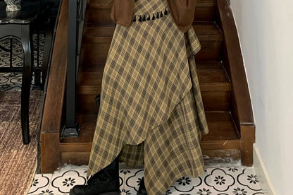 Notch Lapel Plain Faux Suede Single Breasted Blazer / Long Sleeve Scoop Neck Lettering Embroidered T-Shirt / High Rise Plaid Tassel Asymmetrical Maxi A-Line Skirt / Scarf / Set