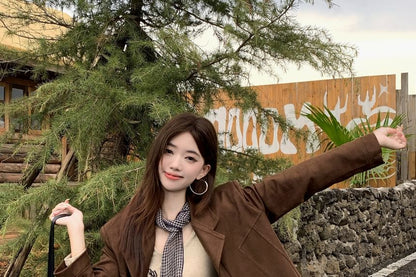 Notch Lapel Plain Faux Suede Single Breasted Blazer / Long Sleeve Scoop Neck Lettering Embroidered T-Shirt / High Rise Plaid Tassel Asymmetrical Maxi A-Line Skirt / Scarf / Set